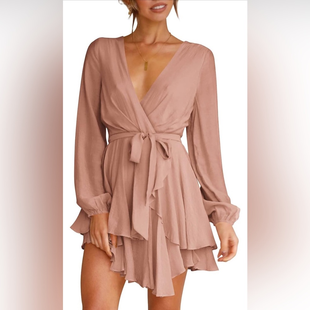 Deep V-Neck Long Sleeve Dress color Camel